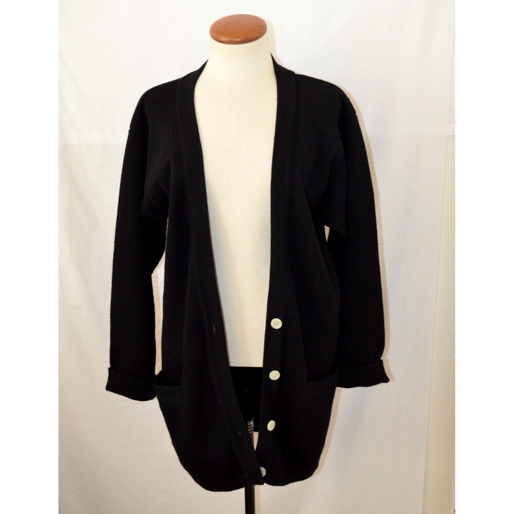 Vintage Epitome  Black Wool Cardigan Sweater Pockets Size Medium Made Hong Kong